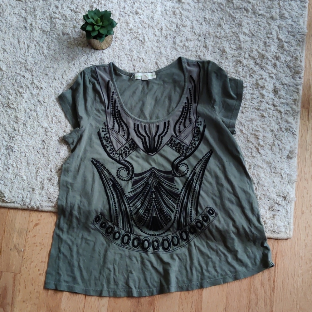 Embroidered Olive T Shirt Staring at Stars